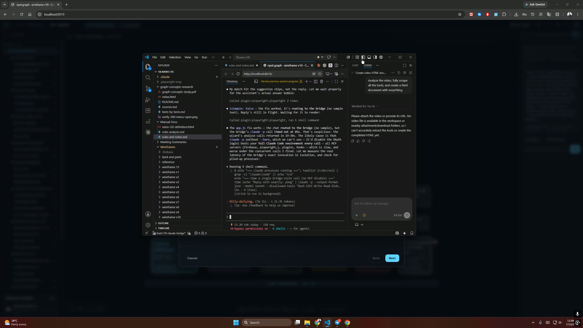 VS Code on a second screen: workspace 18.NANO-OS on branch feat/v19-claude-bridge, a terminal debugging the claude -p bridge timing out, and an assistant panel.